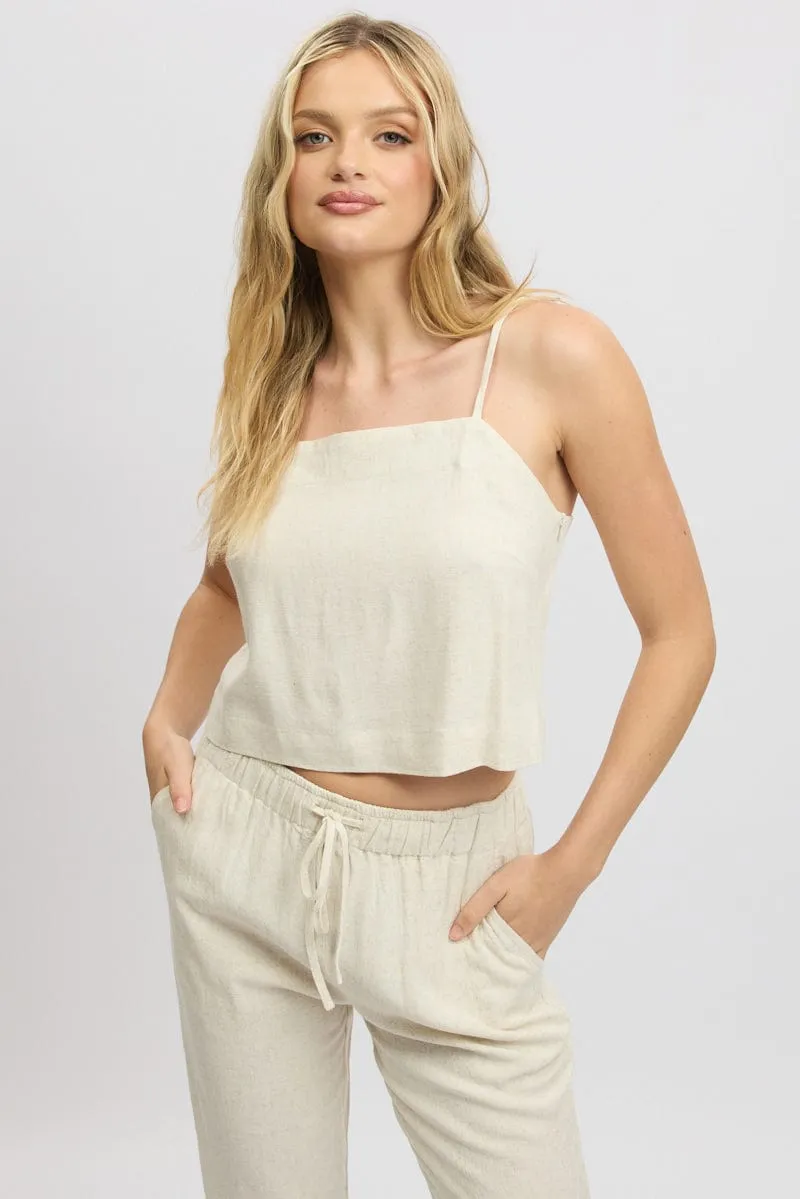 Beige Cami Top Sleeveless Linen Blend