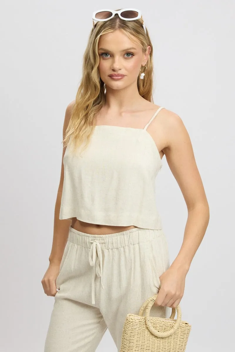 Beige Cami Top Sleeveless Linen Blend