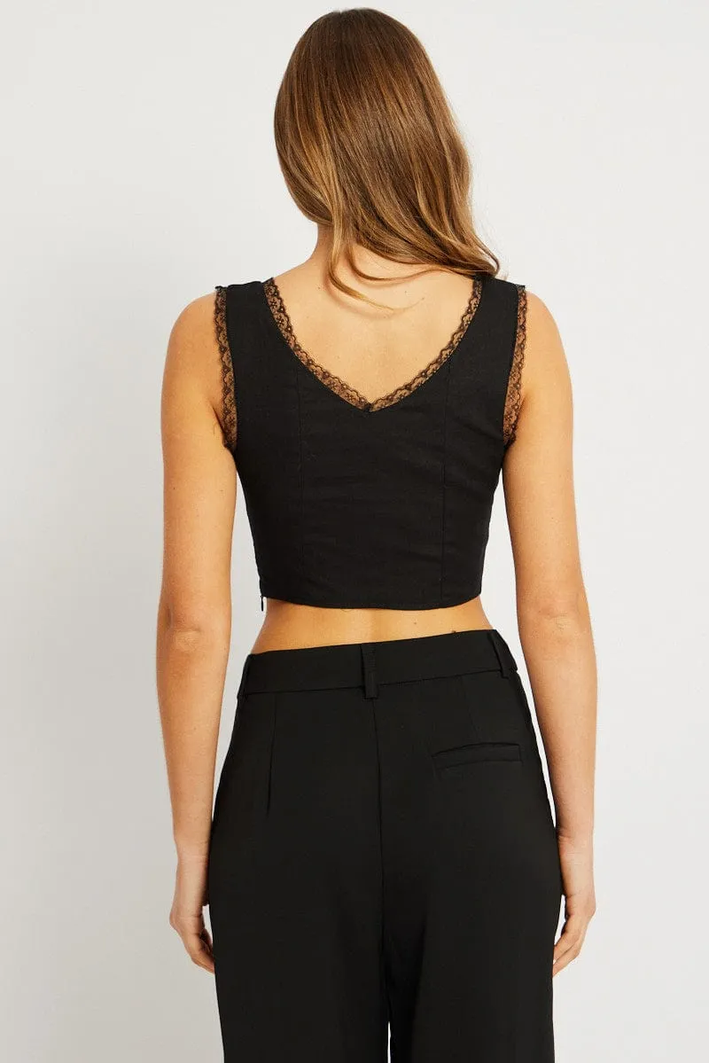 Black Crop Top Sleeveless Corset Lace Trim