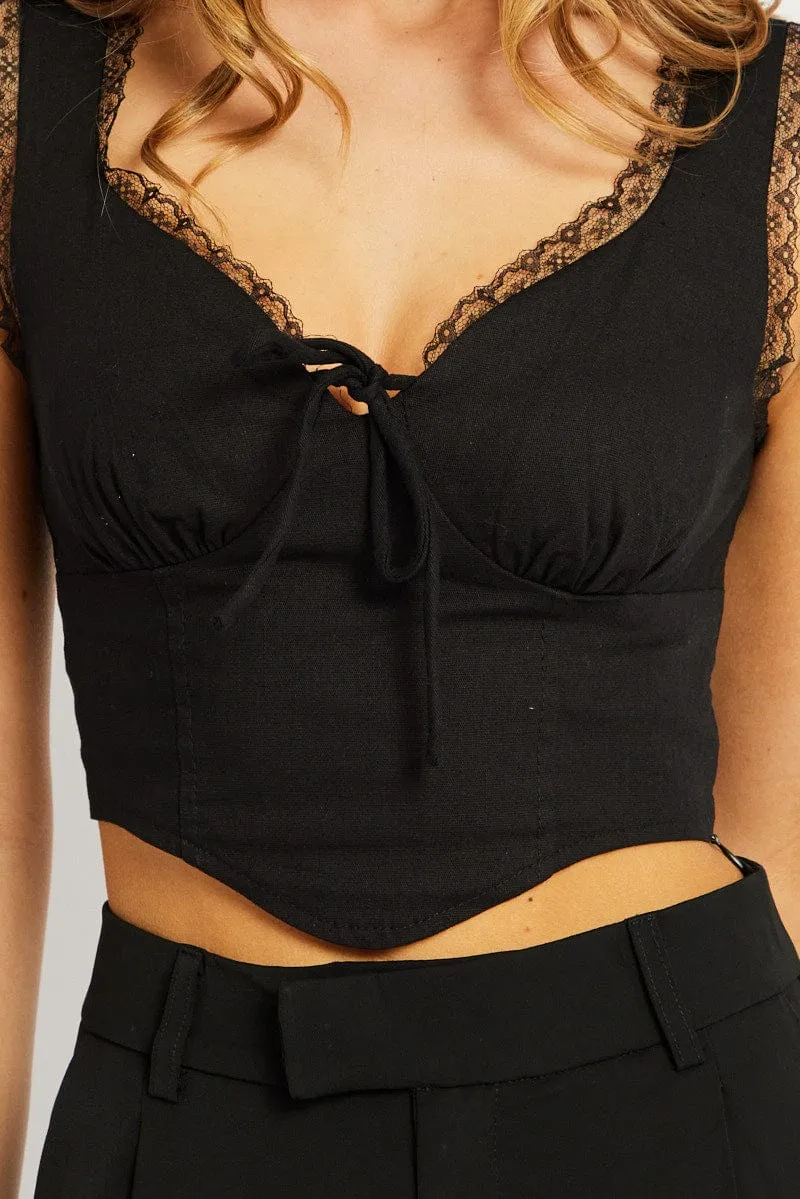 Black Crop Top Sleeveless Corset Lace Trim