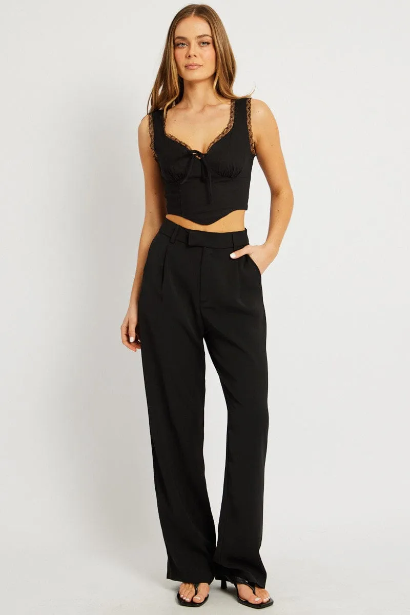 Black Crop Top Sleeveless Corset Lace Trim