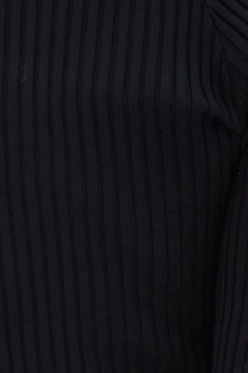 Black Knit Top Long Sleeve Lace Up Detail Ribbed