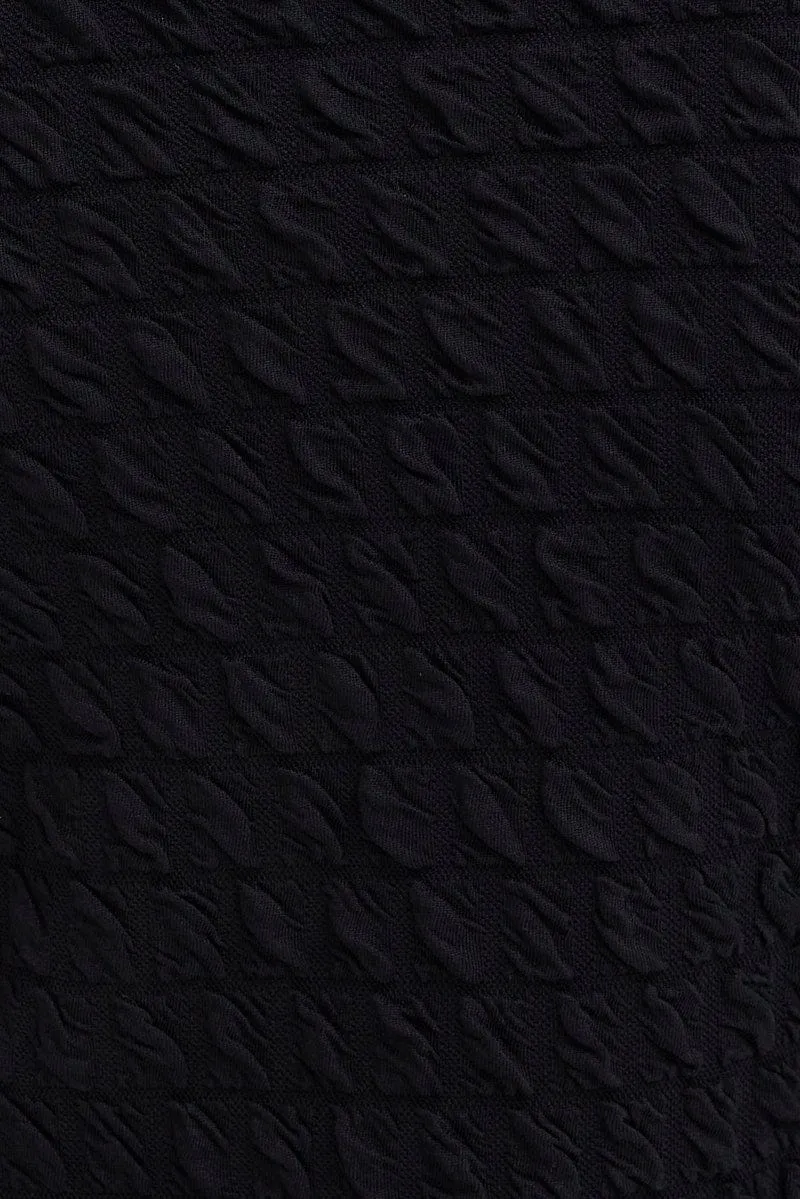 Black Top Crop Texture Long Sleeve Tie Front