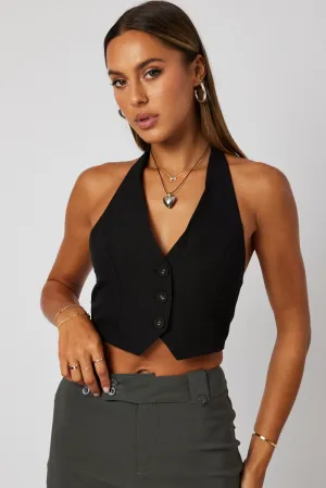 Black Vest Top Halter Neck Button Top