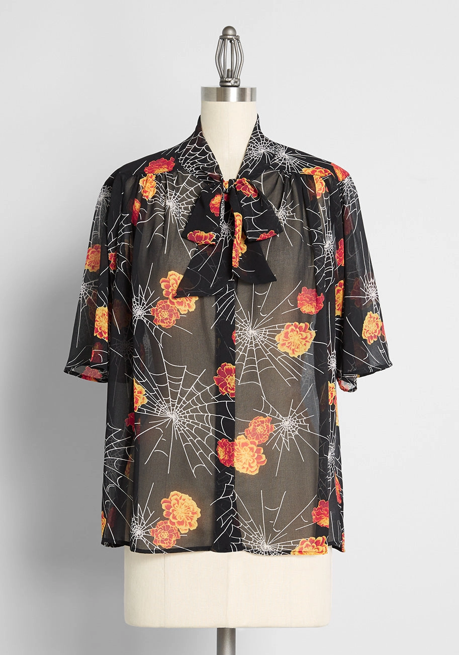 Blooming Webs Tie-Neck Blouse