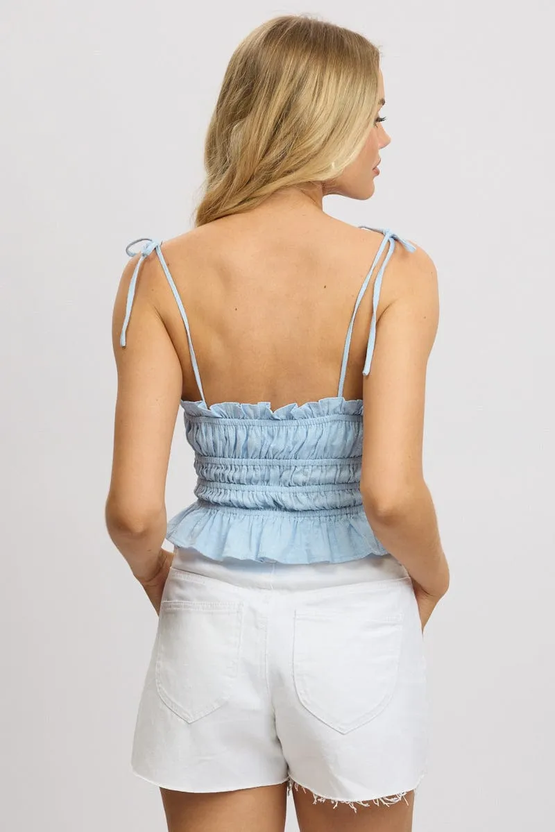Blue Cami Top Sleeveless Tie Front Textured