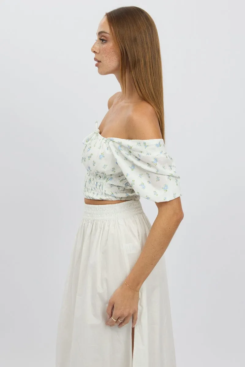 Blue Ditsy Crop Top Short Sleeve Shirred Waist