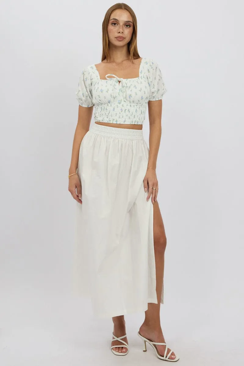 Blue Ditsy Crop Top Short Sleeve Shirred Waist