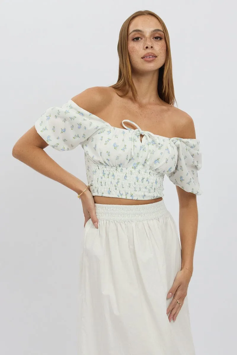 Blue Ditsy Crop Top Short Sleeve Shirred Waist