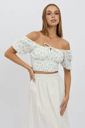 Blue Ditsy Crop Top Short Sleeve Shirred Waist