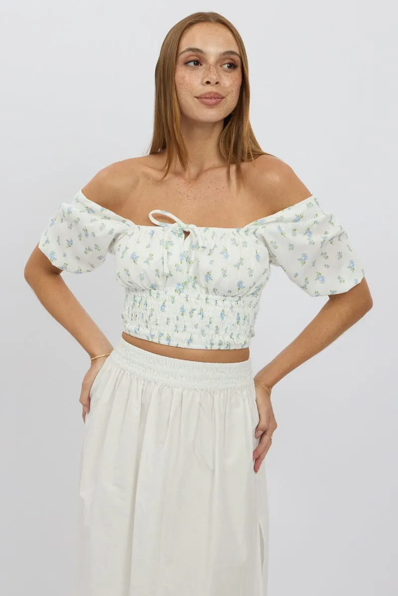 Blue Ditsy Crop Top Short Sleeve Shirred Waist