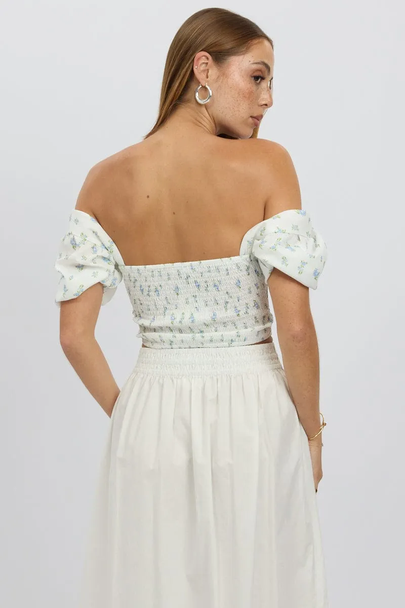 Blue Ditsy Crop Top Short Sleeve Shirred Waist