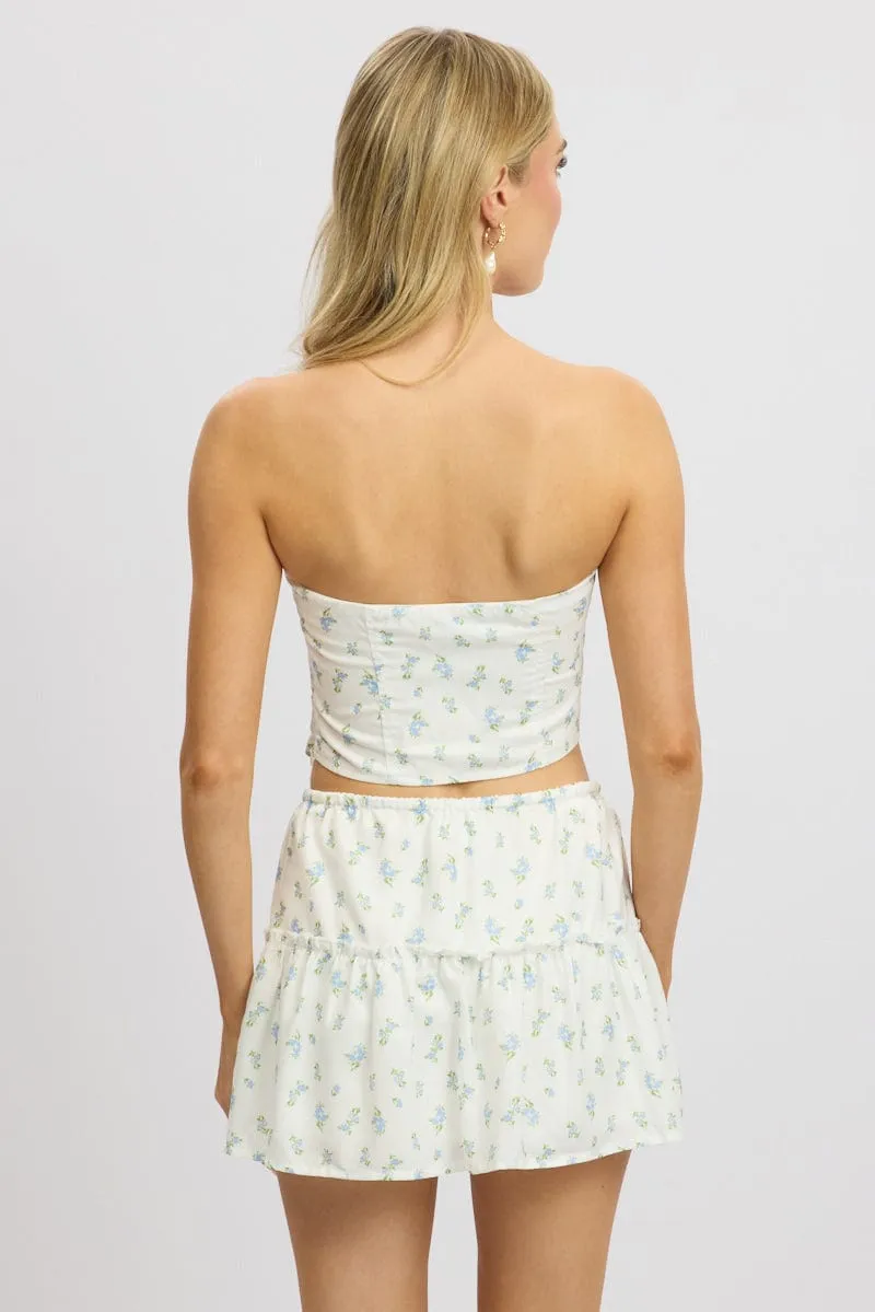 Blue Ditsy Tube Top Strapless Ruched