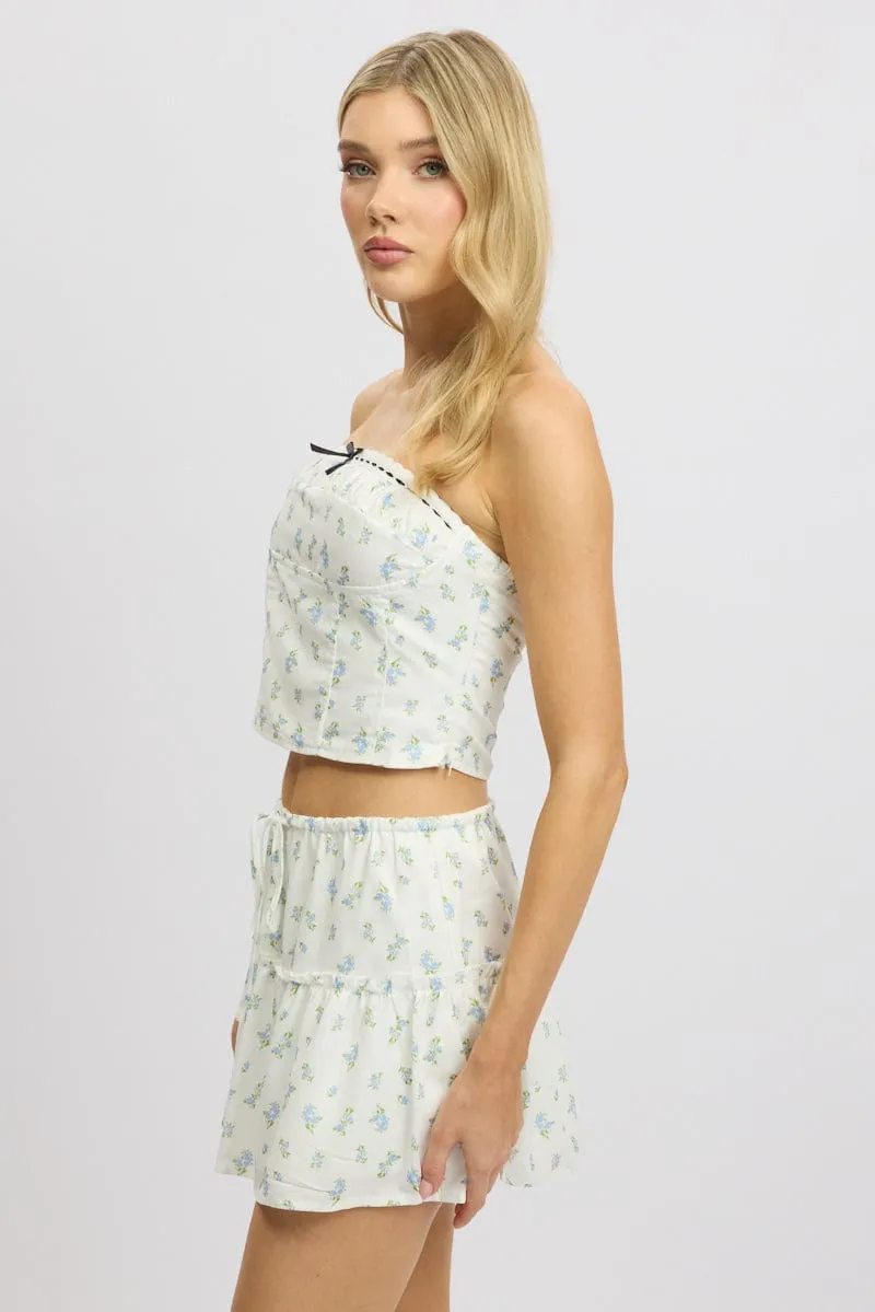 Blue Ditsy Tube Top Strapless Ruched