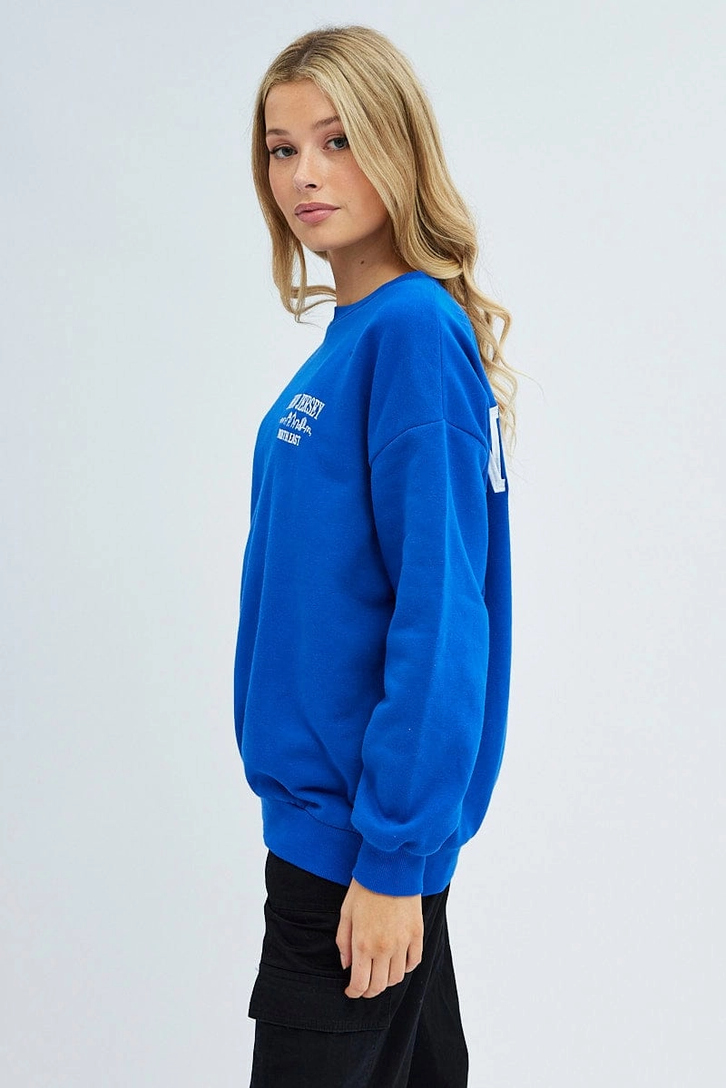 Blue Graphic Sweater Long Sleeve Slightly Stretch