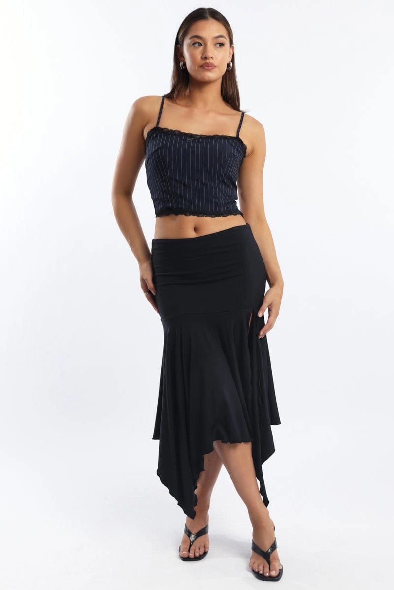 Blue Stripe Cami Sleeveless Lace Trim Shirred Back