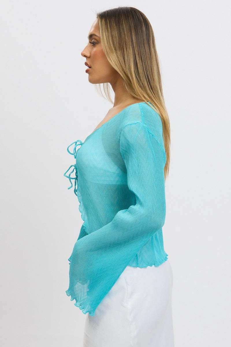 Blue Tie Up Front Top Long Sleeve Textured