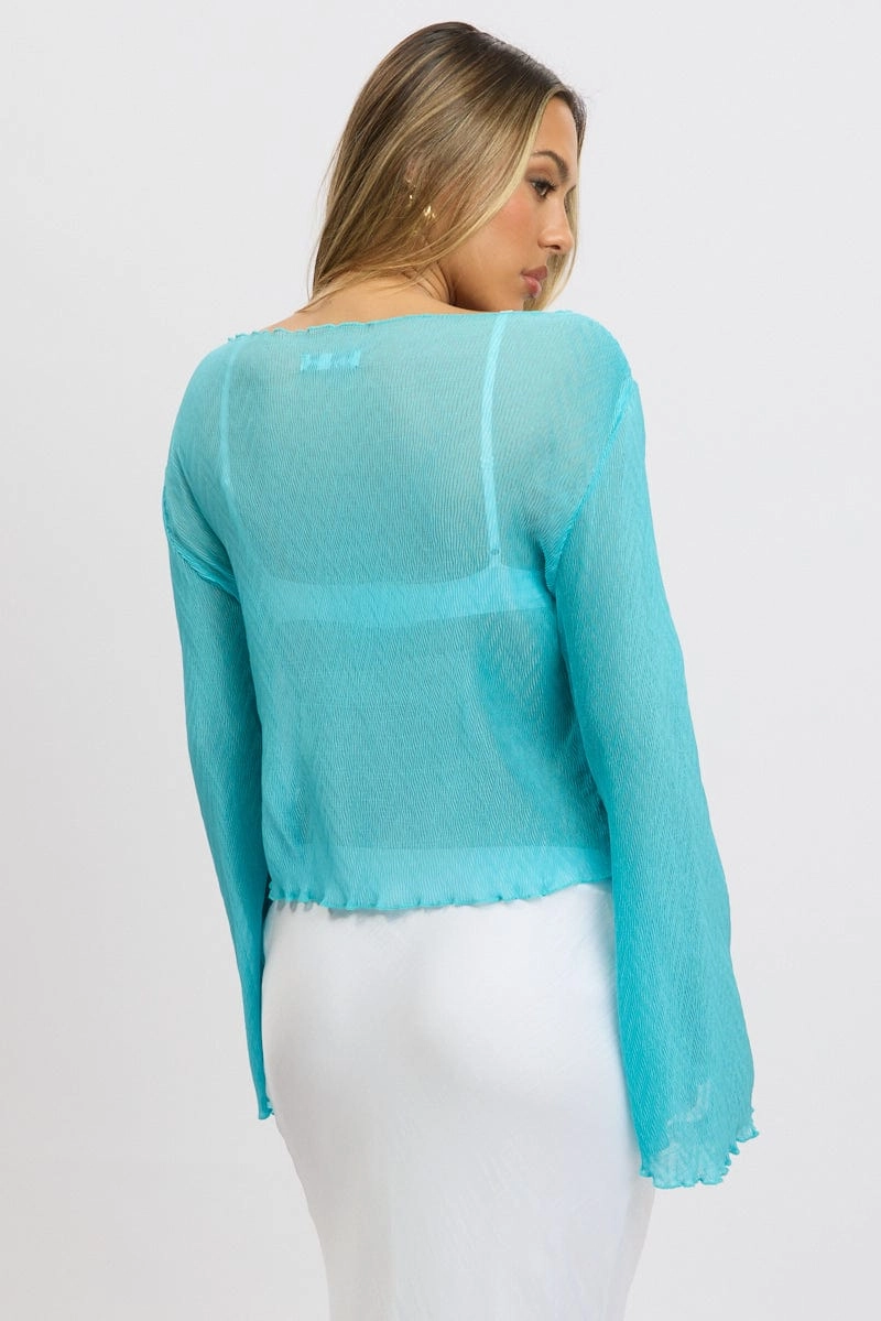 Blue Tie Up Front Top Long Sleeve Textured