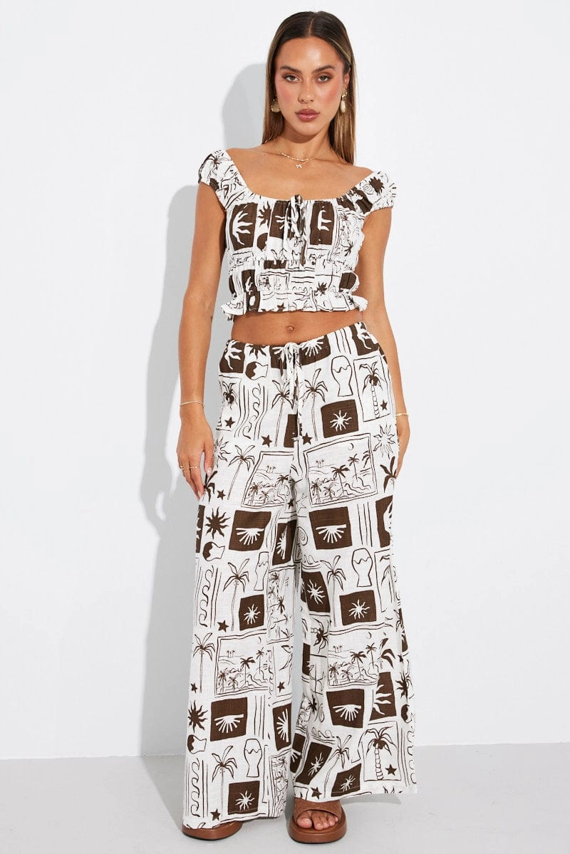 Brown Abstract Crop Top Short Sleeve Linen