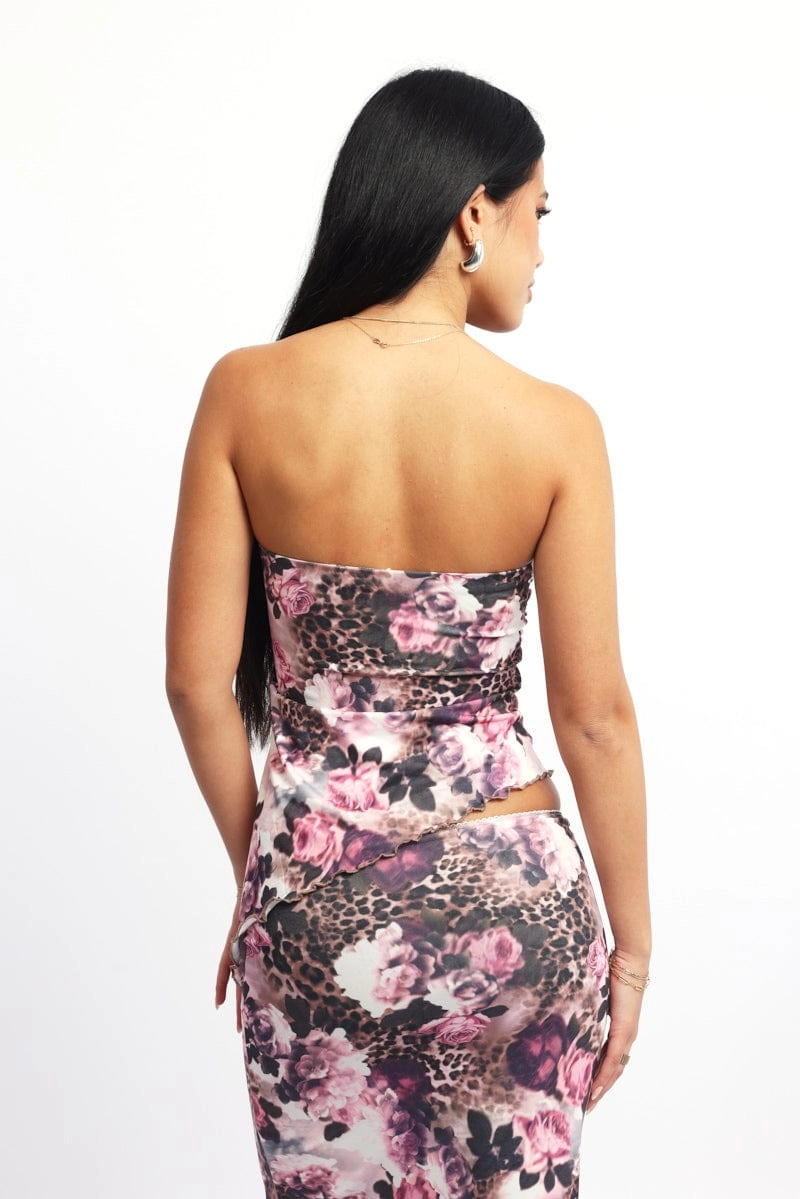 Brown Animal Print Bandeau Top Asymmetrical Hem
