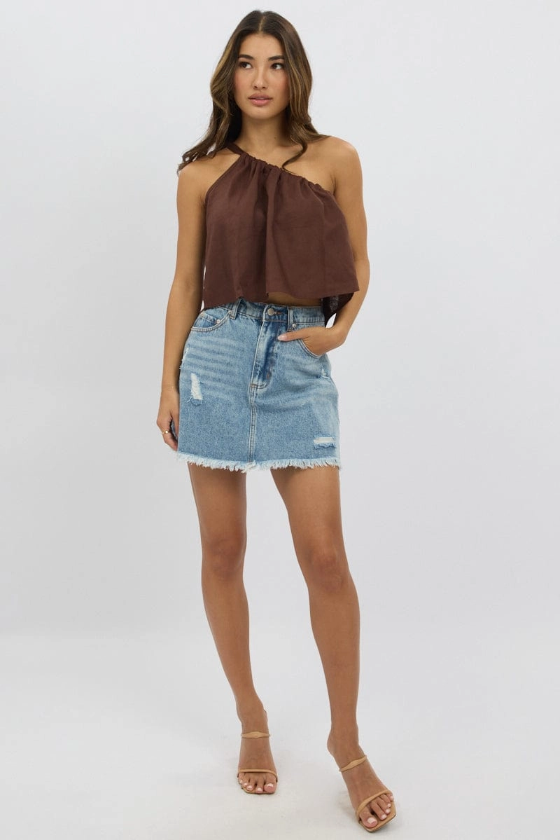 Brown One Shoulder Top Linen Blend