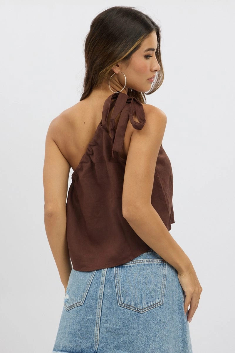 Brown One Shoulder Top Linen Blend