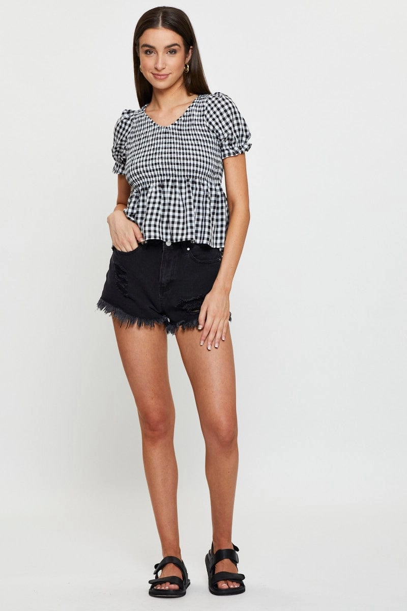 Check Puff Sleeve Top Short Sleeve