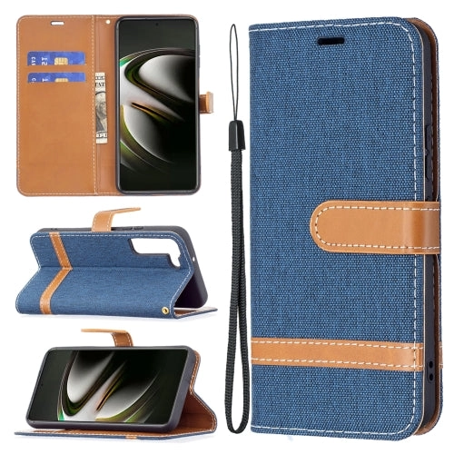 For Samsung Galaxy S22 5G Color Matching Denim Texture Leather Case with Holder  Card Slots