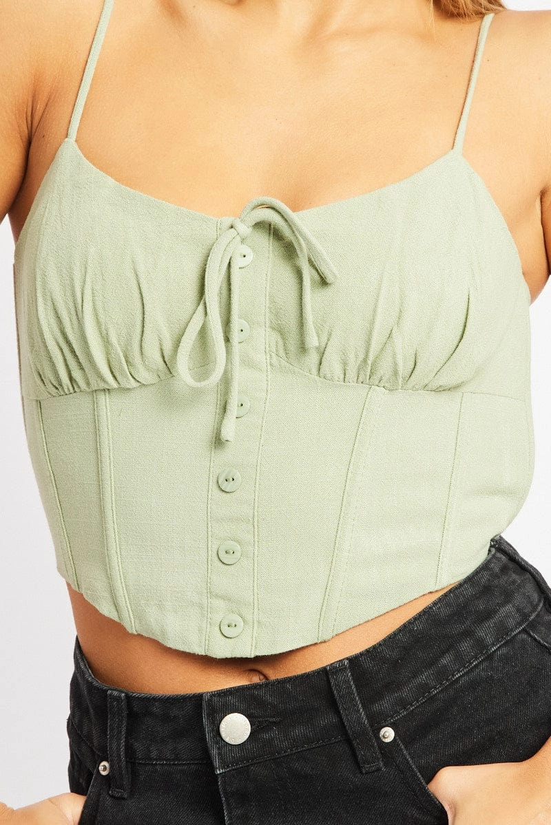 Green Cami Top Sleeveless Corset Linen Blend
