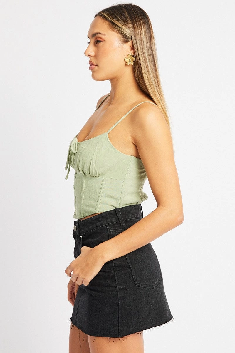 Green Cami Top Sleeveless Corset Linen Blend