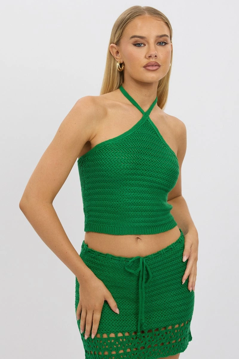 Green Knit Top Halter Neck