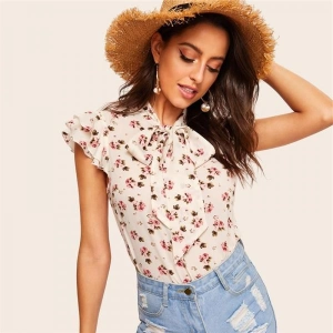 Layered Ruffle Sleeve Tie-neck Floral Print Blouse Women Stand Collar Cap Sleeve Tops And Blouses