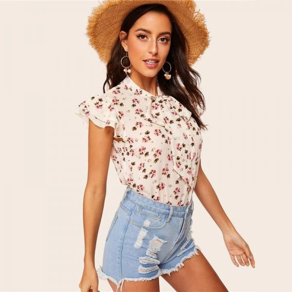 Layered Ruffle Sleeve Tie-neck Floral Print Blouse Women Stand Collar Cap Sleeve Tops And Blouses