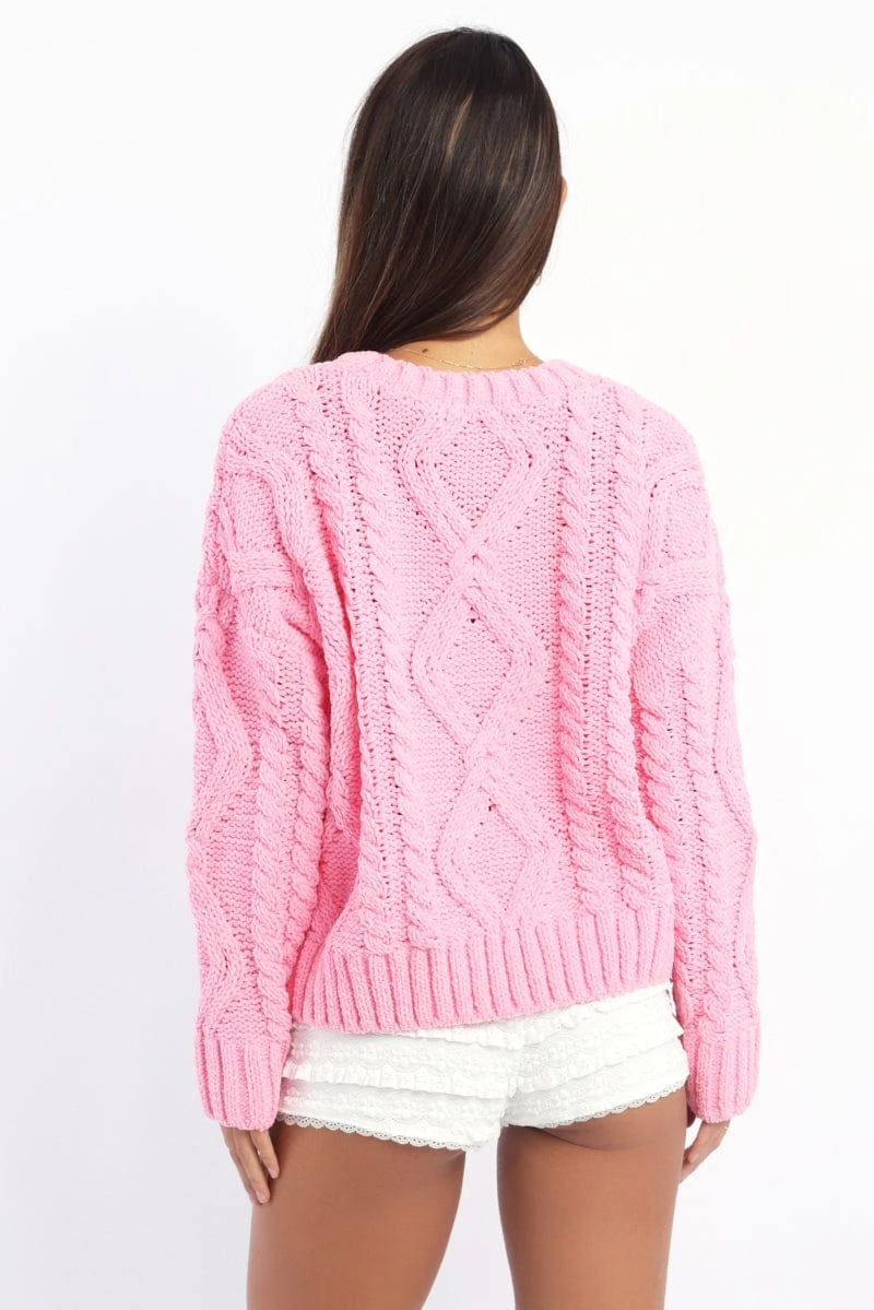Pink Cable Knit Long Sleeve Crew Neck