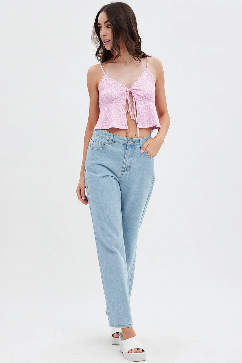 Pink Floral Tie Front Top