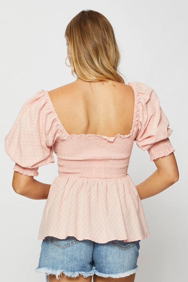 Pink Peplum Top Short Sleeve Round Neck