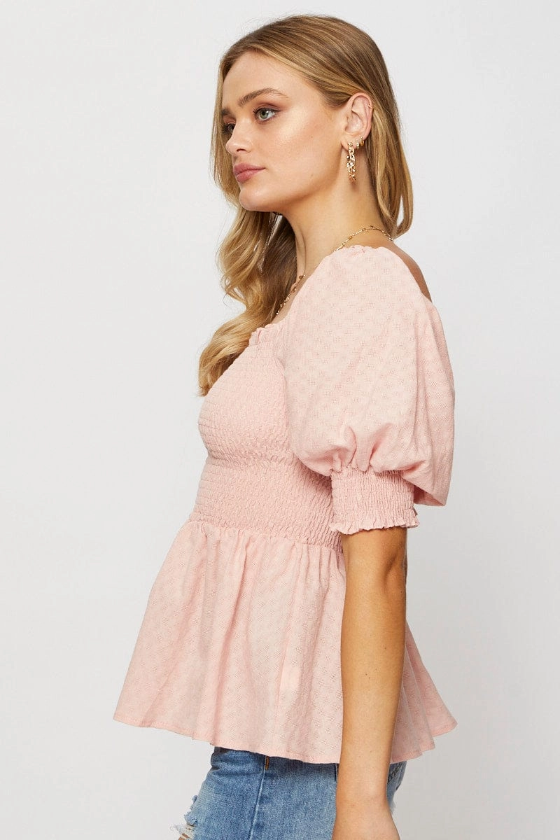 Pink Peplum Top Short Sleeve Round Neck