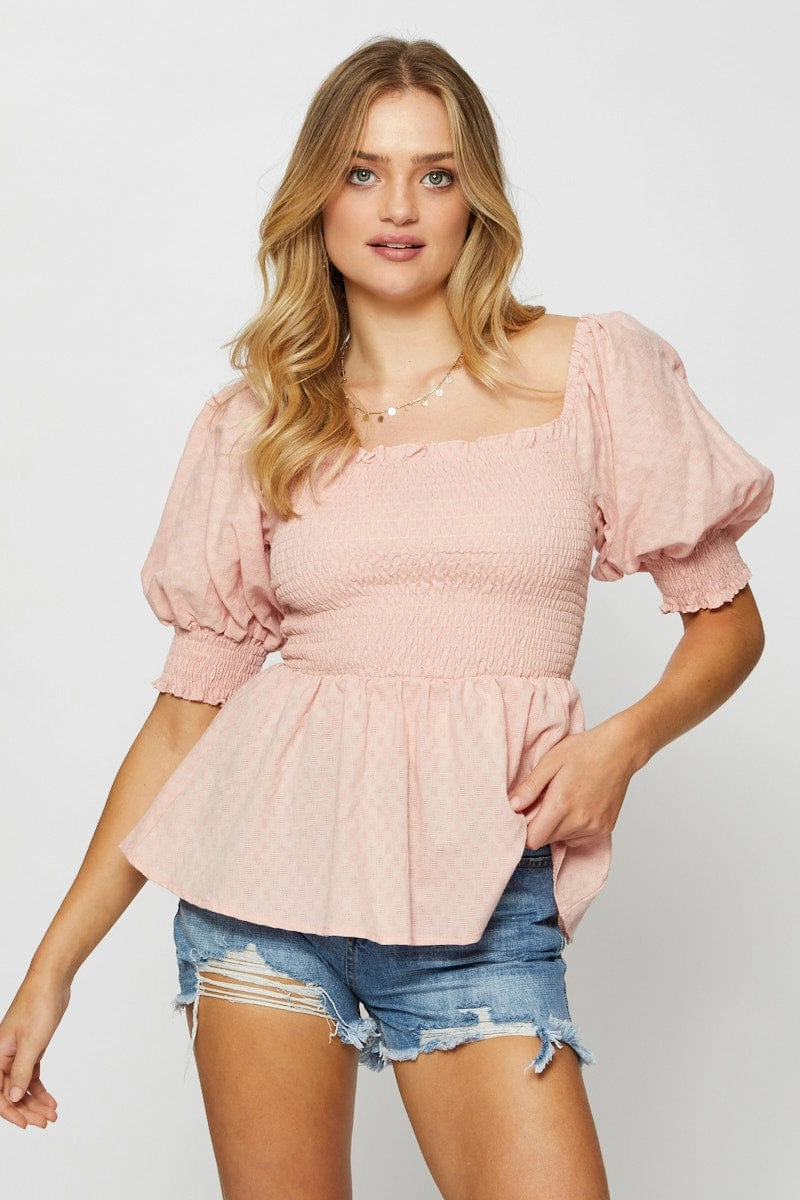 Pink Peplum Top Short Sleeve Round Neck