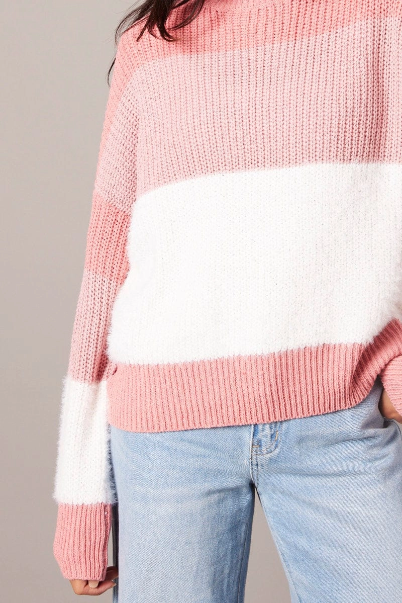 Pink Stripe Knit Top Long Sleeve Color Block