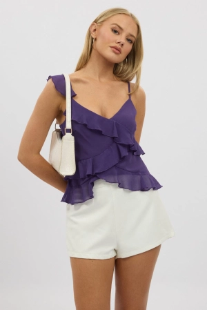 Purple Cami Top Sleeveless Crossover Ruffled Details