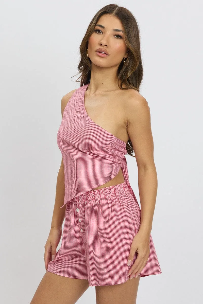 Red Check Scarf Top One Shoulder Tie Back