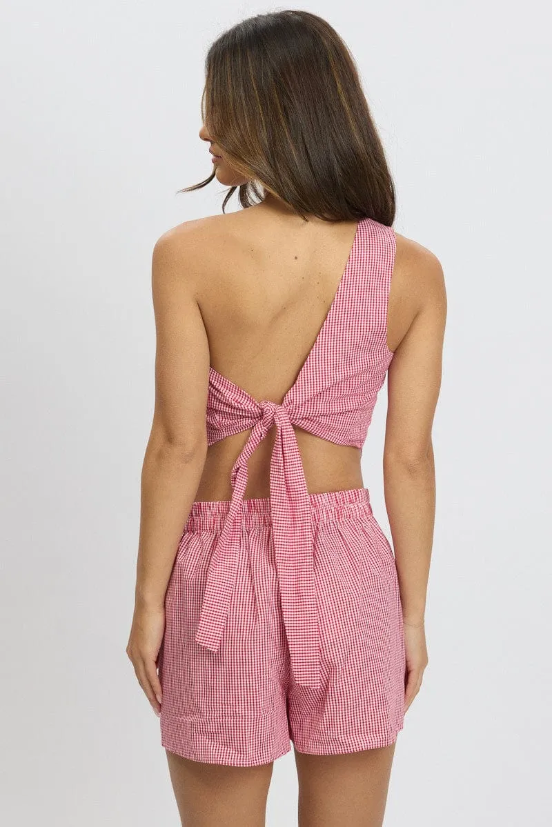 Red Check Scarf Top One Shoulder Tie Back