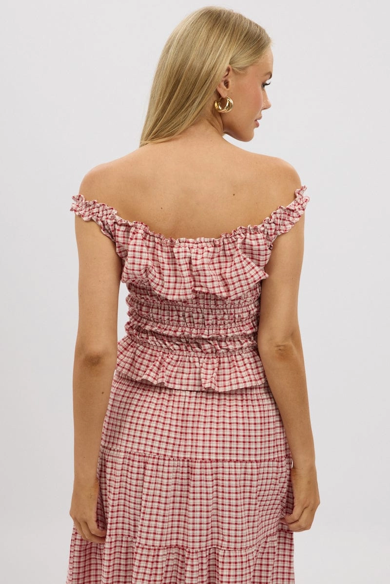 Red Check Shirred Top Off Shoulder Frill Details