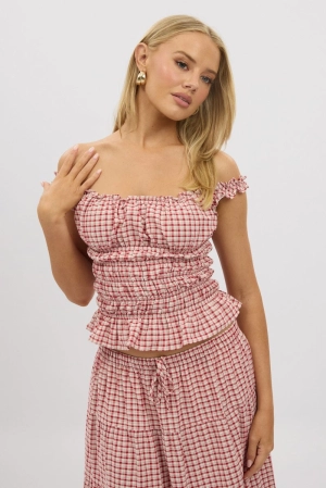 Red Check Shirred Top Off Shoulder Frill Details
