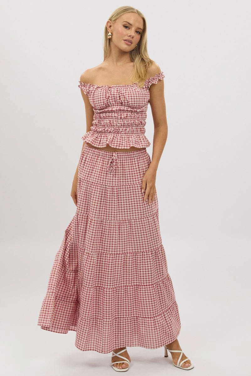 Red Check Shirred Top Off Shoulder Frill Details