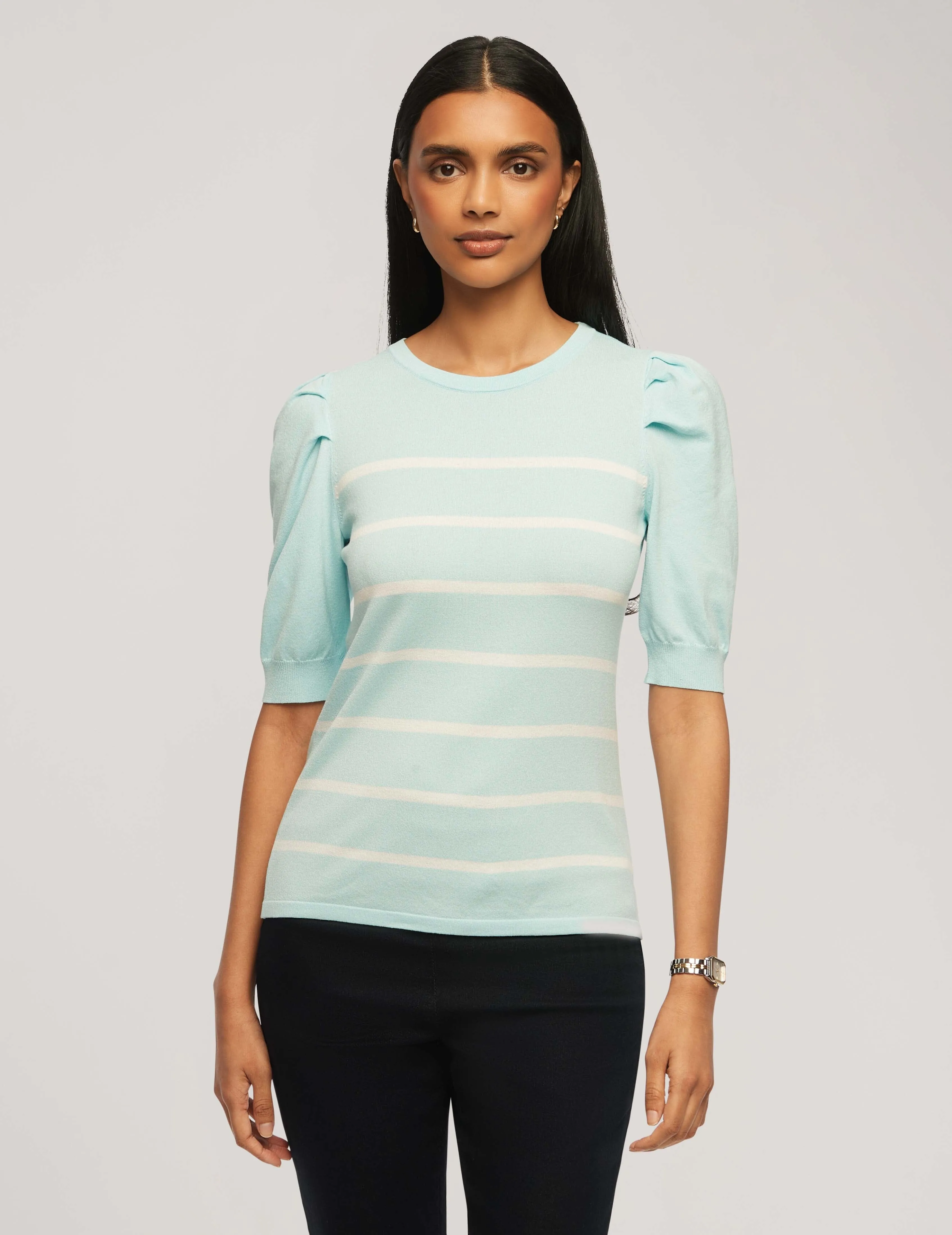 Short Puff Sleeve Crew Neck With Stripes- Sale