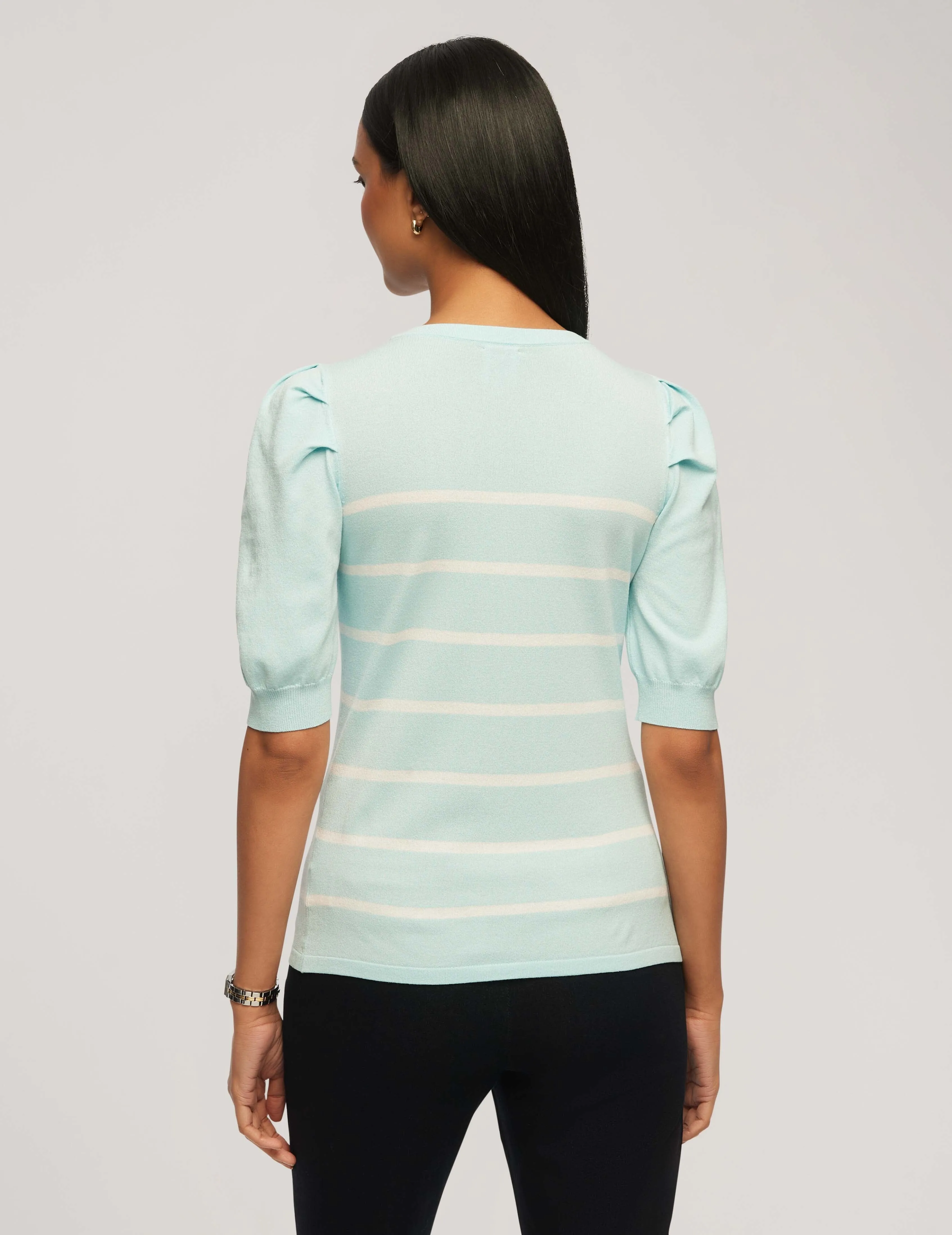 Short Puff Sleeve Crew Neck With Stripes- Sale