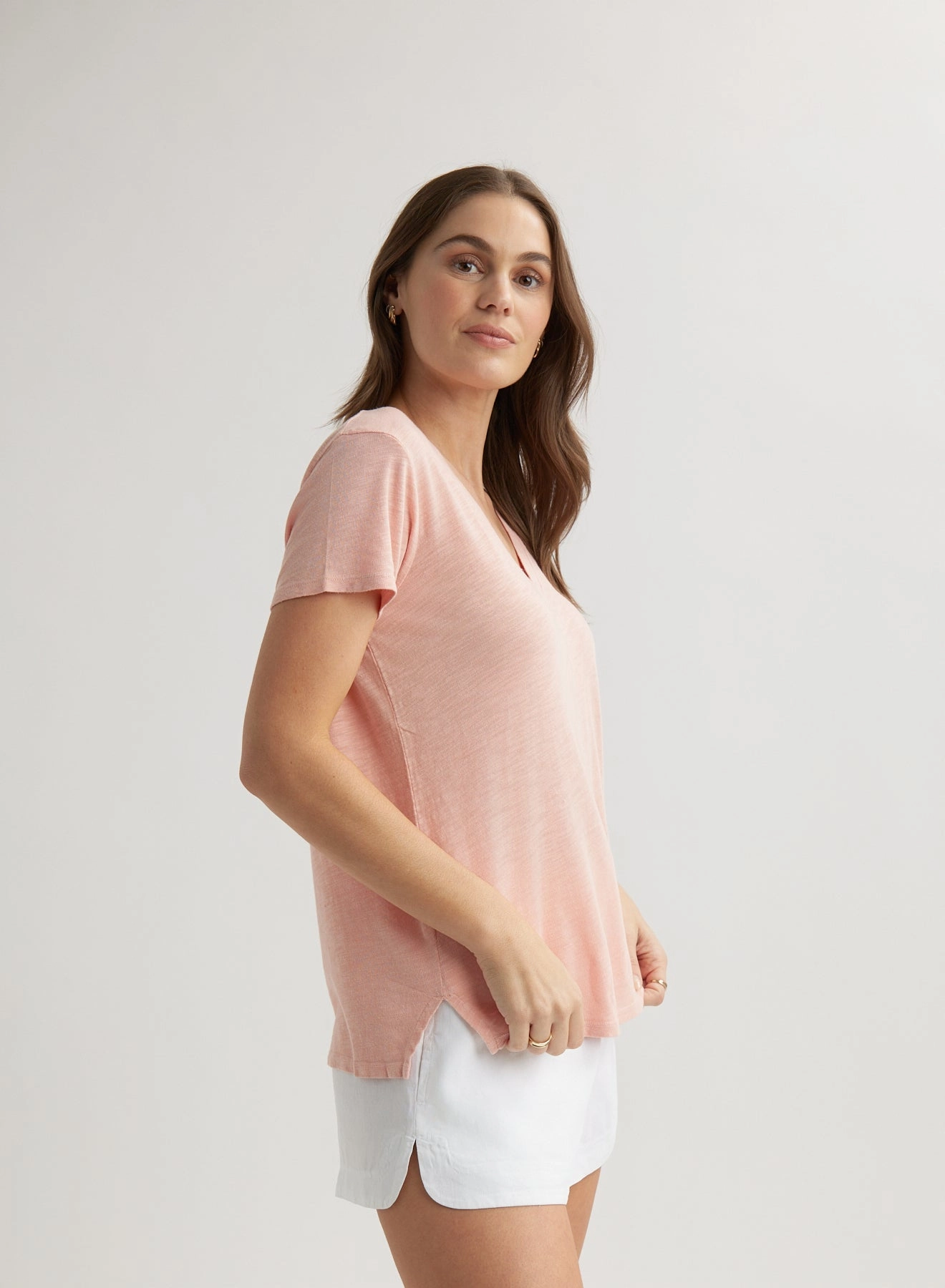 Side Slit V-Neck Tee - Peach Fizz