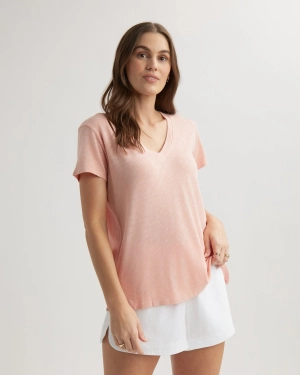 Side Slit V-Neck Tee - Peach Fizz