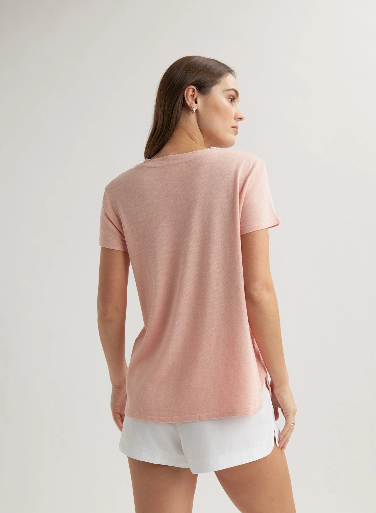 Side Slit V-Neck Tee - Peach Fizz
